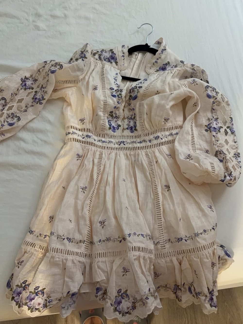 Floral Cream Dress with Purple Embroidery